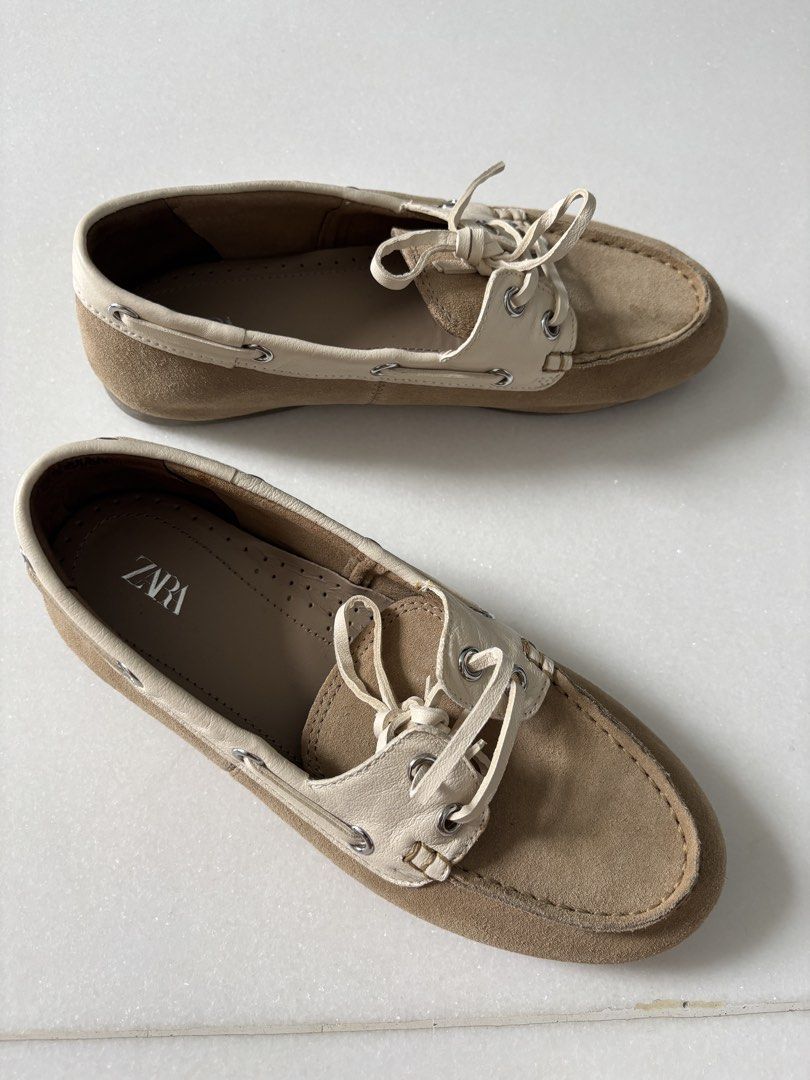Zara Boat Shoes (Category: Loafers) located in Kuala Lumpur. Submitted by krys_10 (Listing ID 1434011470, Image 2). Description: - Zara boat shoes - Beige and cream colour, suede-like material - Size EUR 36 - Only worn once.