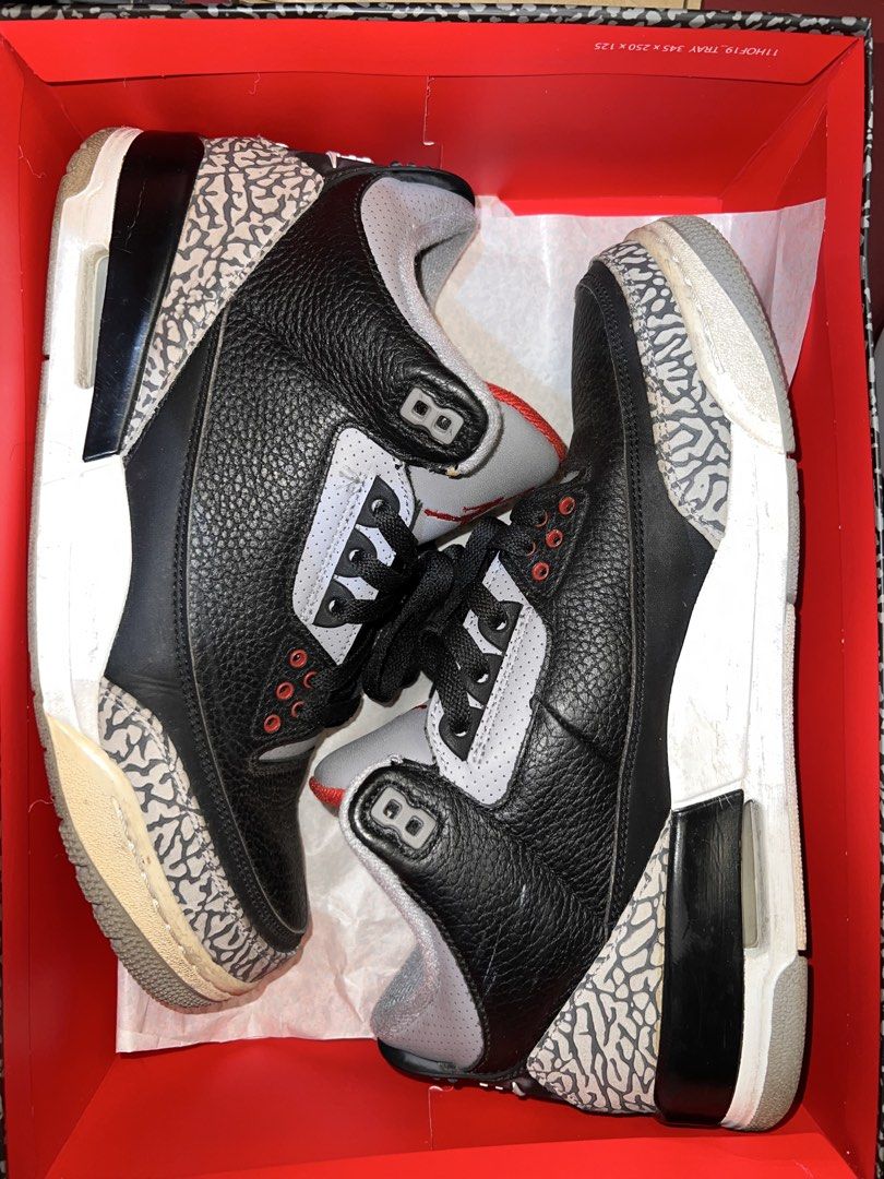 2018 Jordan 3 Black Cement (Category: Sneakers) located in Quezon City. Submitted by declutteringfunkos (Listing ID 1434372241, Image 2). Description: Jordan 3 Black Cement Size 11 Well used, paint crack midsole but no crumbling W box, no hangtag .