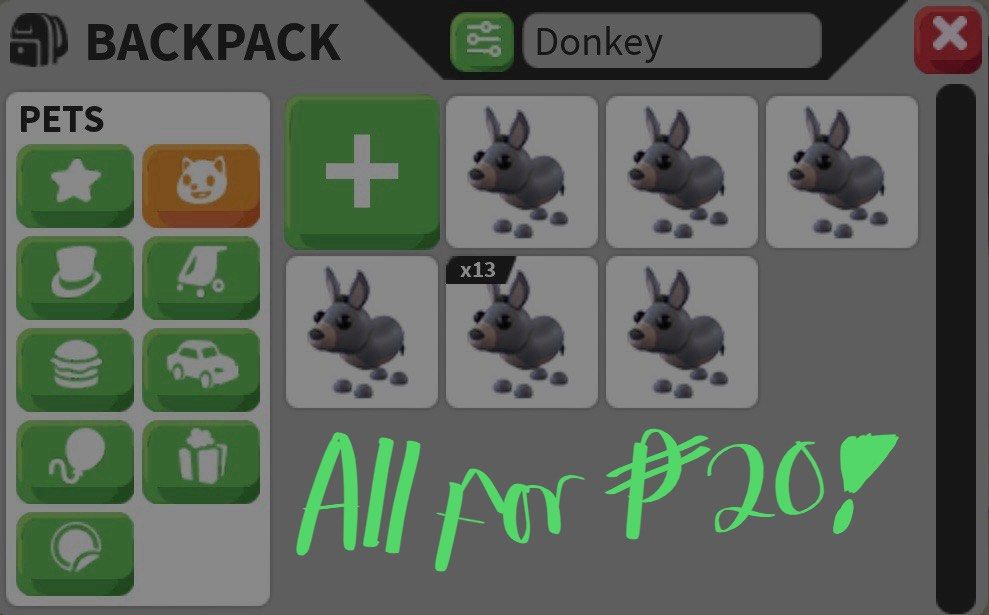 Adopt Me Pets — Bulk Randoms (Donkey) Good For Making Mega/Neons!! (Category: In-Game Products) located in Surigao. Submitted by lioraced (Listing ID 1434190588, Image 1). Description: For proofs, you may visit my fba Liora Solace or my iga @schocolace ty!! Fixed Price‼️.