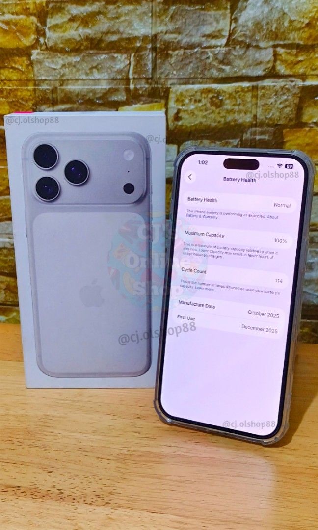Apple iPhone 17 Pro Max 256gb Silver Like New (Category: iPhone 17 Series) located in Makati City. Submitted by cj_onlineshop.ph (Listing ID 1434240263, Image 3). Description: Used IP17 Pro Max Like new 100% Battery Health 🔋 114 Cycle Count (may go up after posting, using as a backup phone) Under Apple warranty until December 2026 Factory Unlocked, NTC openline Inclusions: Case, charging cord, box Minor issue: See last photo, small scratches sa 