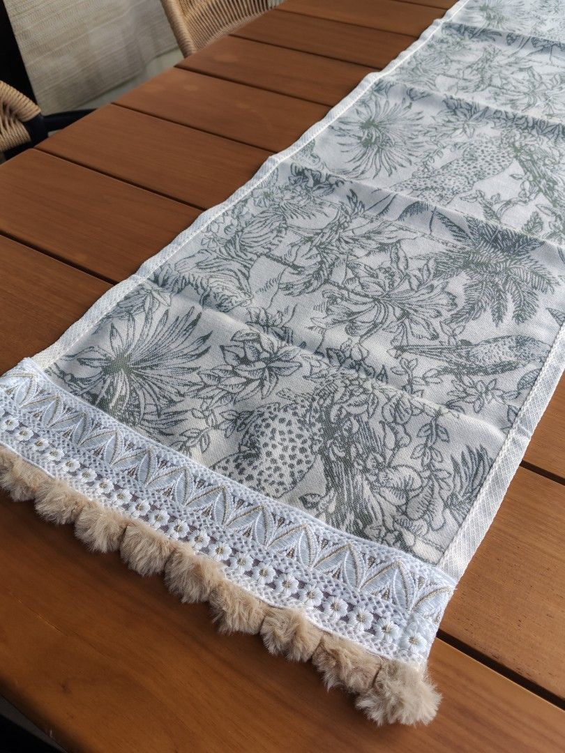Beautiful Silver / Pale Green Embroided Jungle Animals Table Runner