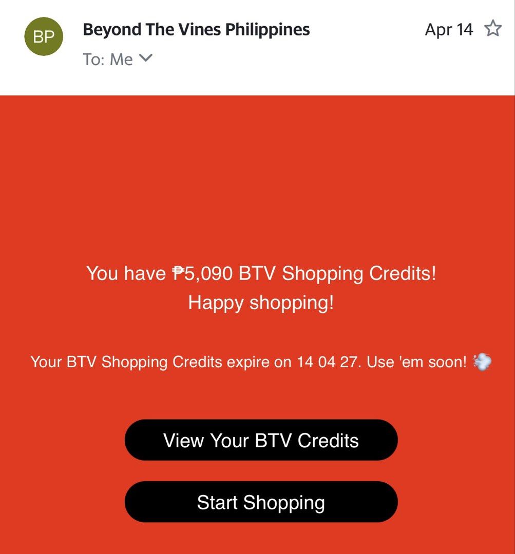 Beyond the Vines Bag Php 5,090 credits (Category: Vouchers) located in Manila. Submitted by hellostreetmarket_ (Listing ID 1434231302, Image 1). Description: I am selling my Php 5,000 BTV credits for Php 4,300. I can only use it through my account on BTV-PHILIPPINES website. Shipping can be delivered directly to you. I think I can change the address. Use it on any item you want from their website! .
