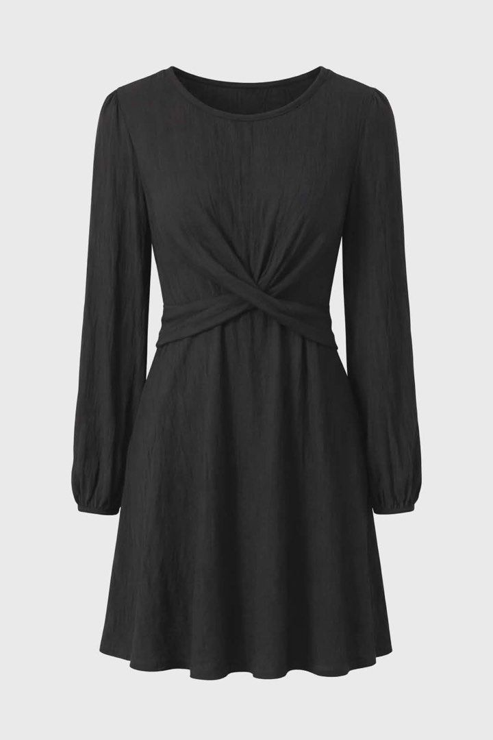 Black Long Sleeve Twist Front Dress (Category: Dresses) located in San Juan City. Submitted by aiceeadds (Listing ID 1434235630, Image 1). Description: - Black dress with round neckline - Long sleeves - Stylish twist detail at the front - Flattering fit-and-flare silhouette - Suitable for various occasions - Comfortable and sophisticated - Subtle textured fabric.