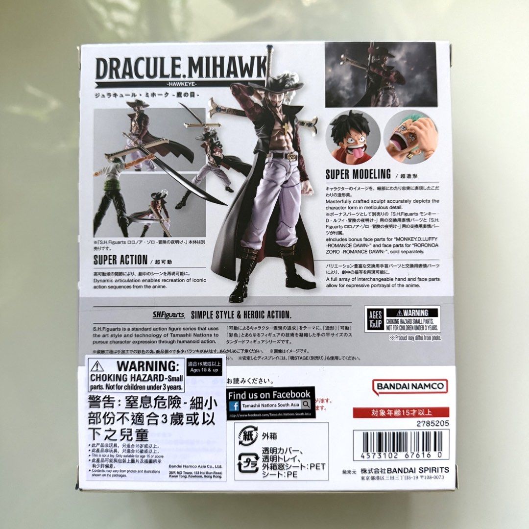 BNIB Bandai Spirits Tamashii Nations s.h.figuarts One Piece dracule.mihawk Dracule Mihawk Hawk-Eye the World’s Strongest Swordsman -Eagle Eye- SHFiguarts SHF Action Figure, Authentic, New, Sealed & Unopened in Mint Condition (Category: Toy Figures) located in Singapore. Submitted by tudor8 (Listing ID 1434289344, Image 2). Description: Authentic, New, Sealed & Unopened in Mint Condition 😊 Fixed price please, thanks 😊 First come first served bas