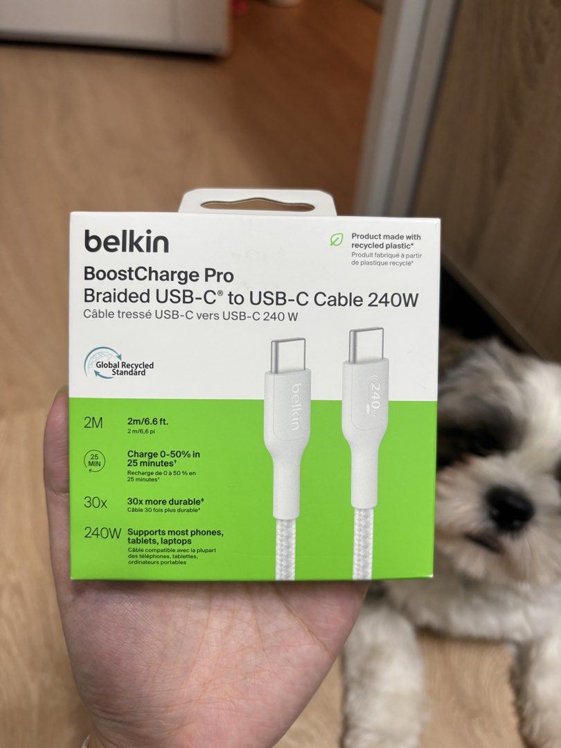 Braided USB-C to USB-C cable (Category: Chargers & Cables) located in Muntinlupa City. Submitted by a.declutterer (Listing ID 1434315356, Image 1). Description: - Belkin BoostCharge Pro USB-C to USB-C cable - length: 2 meters - 240W charging capability Rfs: never used / decluttering .