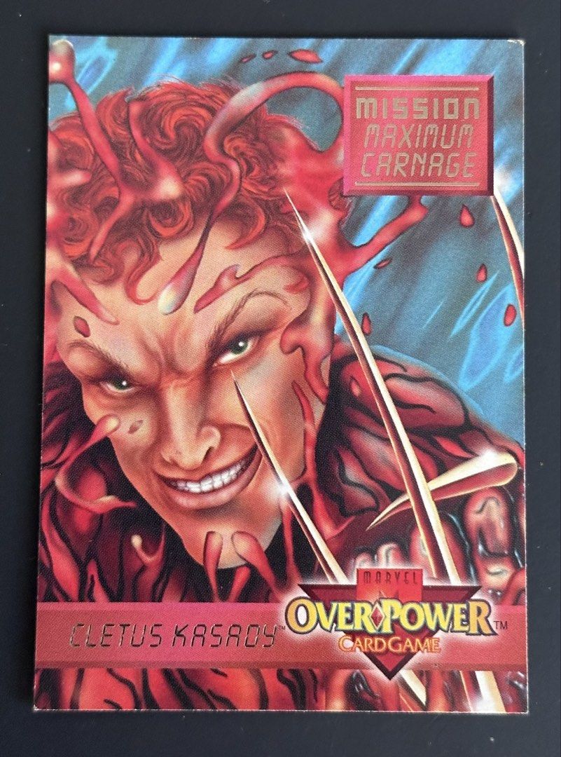 Carnage - 1995 Marvel Overpower Mission Card (Category: Raw Singles) located in Mandaluyong City. Submitted by collectorsobsessions (Listing ID 1434355897, Image 1). Description: - With corner issue at the lower-right corner (back) and top-left corner (back). - PRICE: P120.