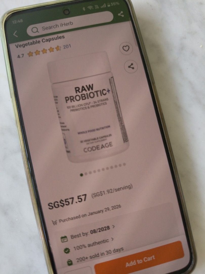 Codeage Raw Probiotic+ Supplement (Category: Vitamins & Supplements) located in Singapore. Submitted by numero (Listing ID 1434219068, Image 3). Description: - Brand new, unopened Codeage Raw Probiotic+. - 100 Billion CFU for potent support. - Contains 34 strains of prebiotics and probiotics. - Retail $57 per bottle on iHerb and selling $50 ea. Get both for $90. - Expiry April 2028. - 30 vegetable capsules per bottle. - Promotes gut health and ov