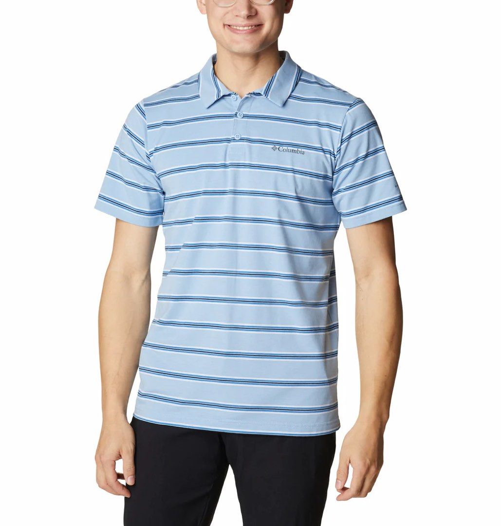 Columbia Striped Polo Shirt (Category: Tshirts & Polo Shirts ) located in San Fernando. Submitted by bizarrethrifting (Listing ID 1434199976, Image 1). Description: - Columbia polo shirt - Light blue with horizontal stripes - Collared neckline - Short sleeves - Columbia logo on chest - Button-up placket - Regular fit.