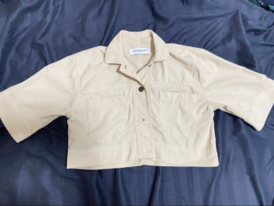 Corduroy Cropped Jacket (Category: Coats, Jackets and Outerwear) located in Manila. Submitted by margielyn31 (Listing ID 1434190114, Image 1). Description: - Cream-colored corduroy cropped jacket - Short sleeves - Collared neckline - Two front pockets - Complete button - Neutral color, easy to style.