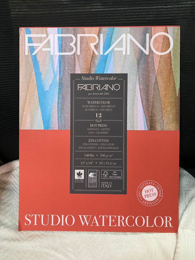 Fabriano Studio Watercolor Paper - Hot Press (Category: Craft Supplies & Tools) located in Manila. Submitted by missberns (Listing ID 1434319591, Image 1). Description: - Hot press, satin finish - 300 gsm - Size: 11"x14" (28 x 35.6 cm) - 12 sheets - 25% cotton content - Made in Italy.
