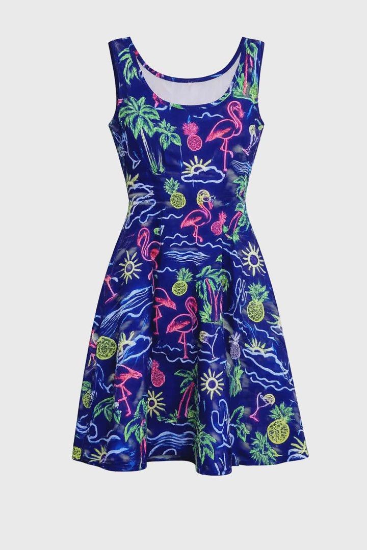 Flamingo Print Sleeveless Dress (Category: Dresses) located in San Juan City. Submitted by aiceeadds (Listing ID 1434235391, Image 1). Description: - Sleeveless dress - Features a vibrant flamingo and tropical print - Deep blue color - Neon-colored flamingo, pineapple, palm tree, and sun designs - Flared skirt - Ideal for summer or tropical events.
