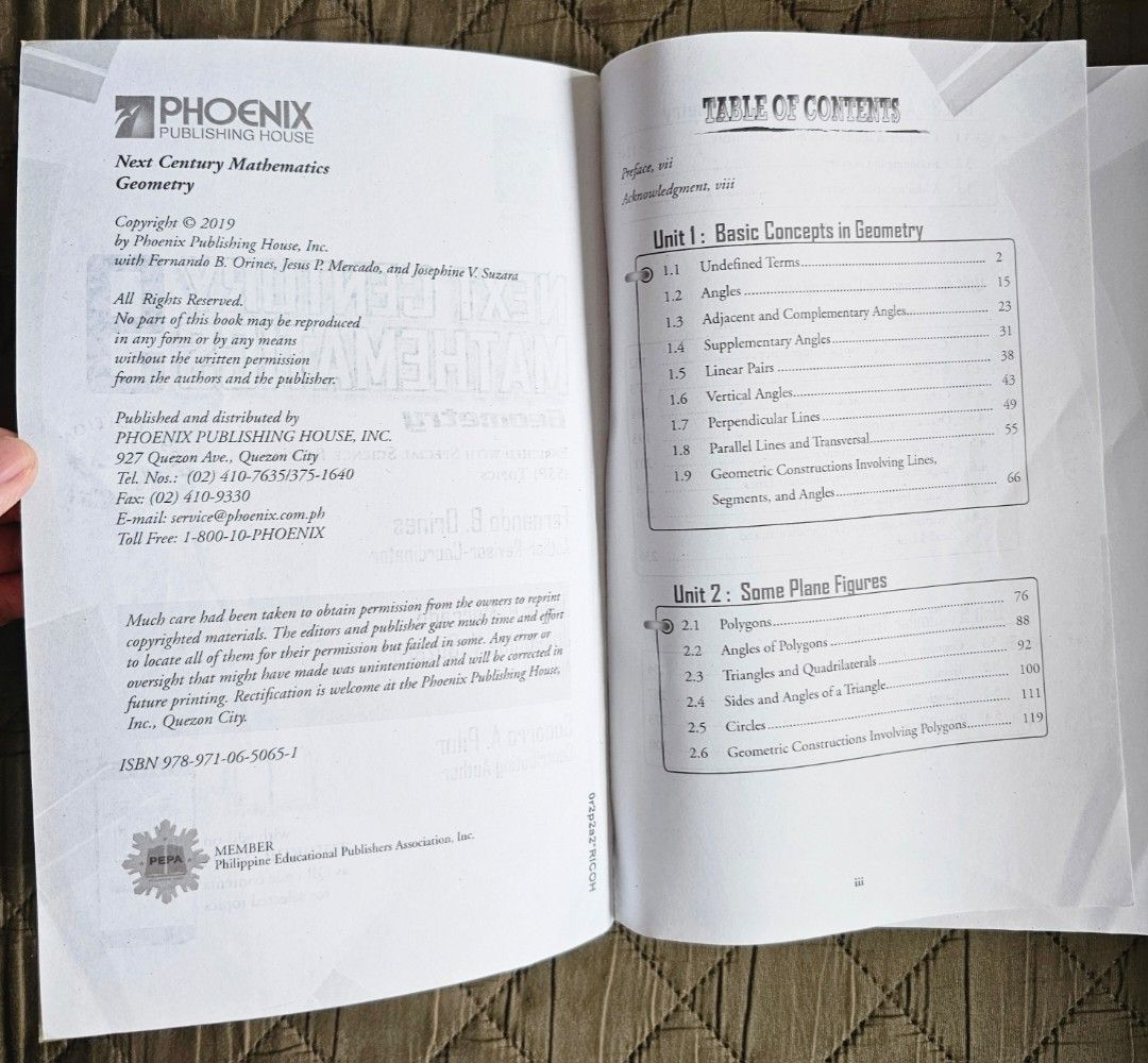 For Grade 9: Next Century Mathematics Geometry (by Orines) (Category: Textbooks) located in Quezon City. Submitted by the_l1ttlej0ys (Listing ID 1434232826, Image 2). Description: preowned 🥳🥳🥳🥳 with writings on a few pages (can be covered with correction tape/liquid) copyright 2019 cover and inside pages in very good condition (no creases) with plastic cover 4 copies available.
