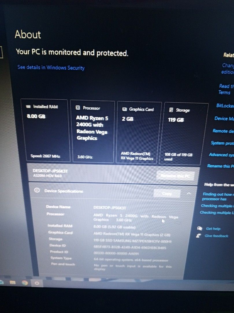Gaming PC with AMD Ryzen 5 2400G (Category: Desktops) located in Pasig City. Submitted by vinricach07789 (Listing ID 1434340445, Image 3). Description: - AMD Ryzen 5 2400G Processor - Radeon Vega Graphics - 8GB RAM - 119GB Storage - Green LED Lighting - Clear Side Panel - Windows Operating System Negotiable Preferably pick up here Shipping fee shouldered by buyer LOC: Pasig City.