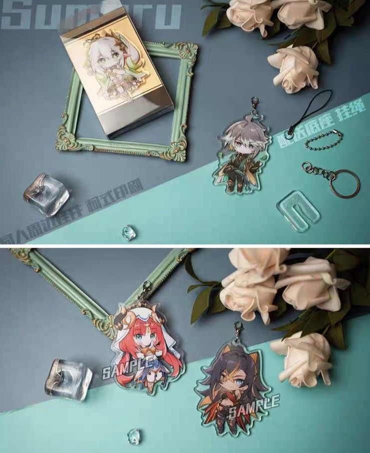 Genshin Impact Acrylic Keychain Standee (Category: Character Goods) located in Las Pinas. Submitted by berryswirl (Listing ID 1434312080, Image 3). Description: Fanmade Genshin Impact Merchandise Acrylic standee with 3 types of keychain holders Available characters: Dainsleif, Yaoyao, Nahida, Diluc, Qiqi Kuki Shinobu, Paimon, Yoimiya, Ayaka, Ayato, Ningguang, Barbara, Aether, Gorou, Chongyun, Xinqiu, Nilou, Kaeya, Fischl, Sigewinne, Heizhou, Sara