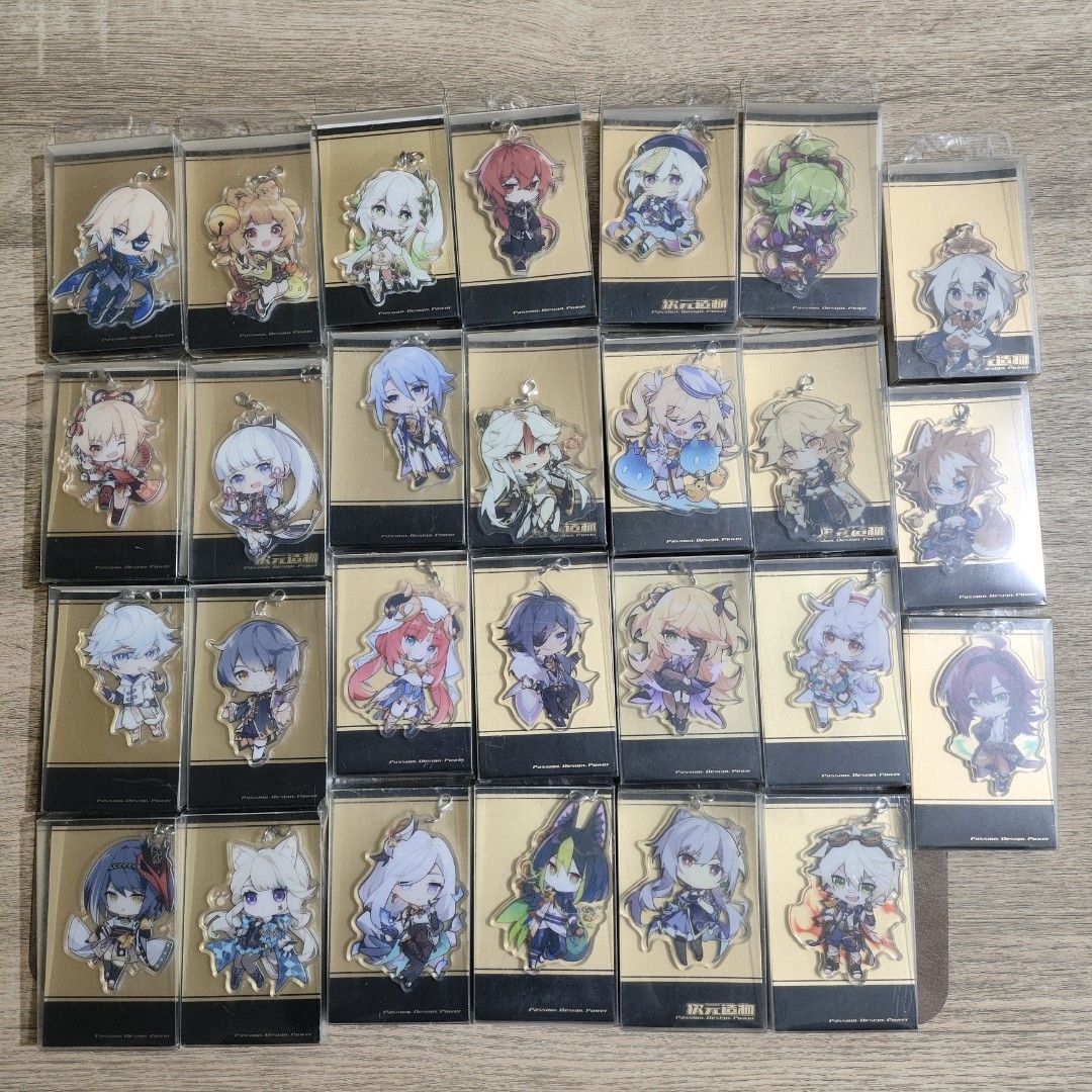 Genshin Impact Acrylic Keychain Standee (Category: Character Goods) located in Las Pinas. Submitted by berryswirl (Listing ID 1434312080, Image 1). Description: Fanmade Genshin Impact Merchandise Acrylic standee with 3 types of keychain holders Available characters: Dainsleif, Yaoyao, Nahida, Diluc, Qiqi Kuki Shinobu, Paimon, Yoimiya, Ayaka, Ayato, Ningguang, Barbara, Aether, Gorou, Chongyun, Xinqiu, Nilou, Kaeya, Fischl, Sigewinne, Heizhou, Sara