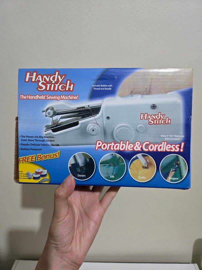 Handy Stitch Handheld Sewing Machine - Complete Set (Category: Craft Supplies & Tools) located in Manila. Submitted by antonettelim (Listing ID 1434312956, Image 3). Description: Perfect for quick repairs, hems, or small DIY crafts. This is the original handheld sewing machine that’s easy to store and use on the go. ​Condition: Excellent, all original parts included. ​Note: Requires 4 "AA" batteries (not included). ​Great for: Students, travelers