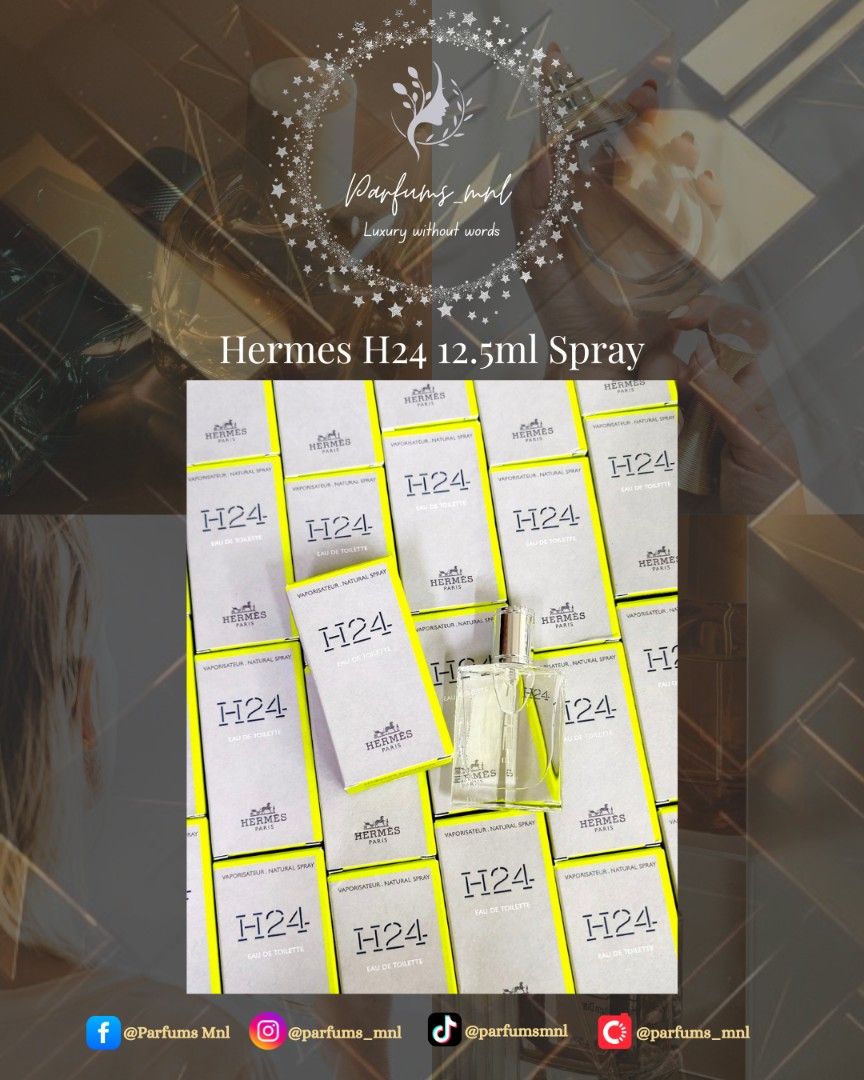 Hermes H24 12.5ml Spray (sold individually) (Category: Fragrance & Deodorants) located in Manila. Submitted by parfums_mnl (Listing ID 1434271572, Image 1). Description: Hermes H24 12.5ml Spray ❗PLS. READ❗ ⚠️Prices may change without prior notice❗ ✅All of our perfumes/products are 101% Guaranteed Original ✅Onhand Manila PH 🇵🇭 ✅ALL PICTURES ARE ACTUAL. What you see in the picture, is what you will get! ✅Prices are NEGOTIABLE, basta di lang malay
