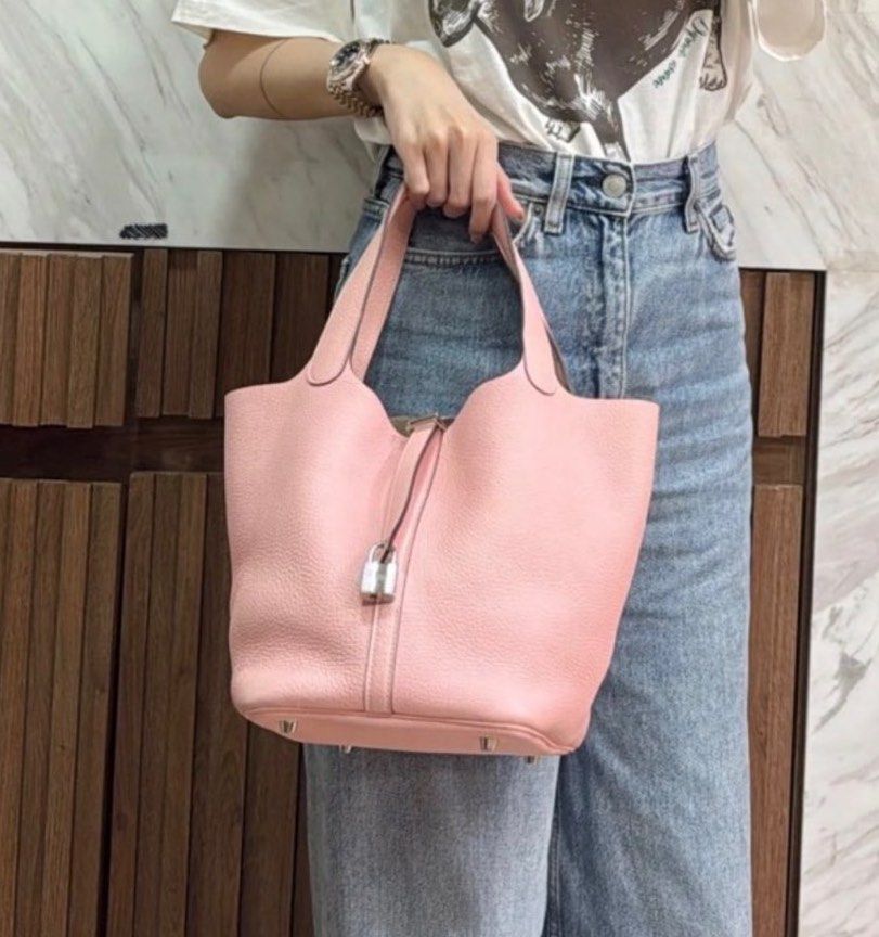 Hermes Picotin 22 Rose Sakura (Category: Luxury Bags & Wallets) located in Quezon City. Submitted by pre.by.a (Listing ID 1415437073, Image 1). Description: Picotin 22 Rose Sakura (rare!) Clemence leather Stamp X Palladium Hardware.