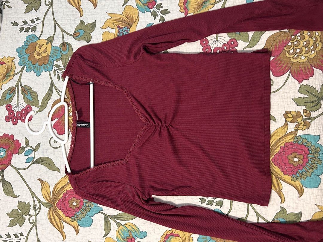 H&M Divided Burgundy Long Sleeve Top (Category: Longsleeves) located in Manila. Submitted by zxcvbnmsof (Listing ID 1434303816, Image 1). Description: - Divided burgundy long sleeve top - V-neckline with delicate lace trim - Ribbed texture .