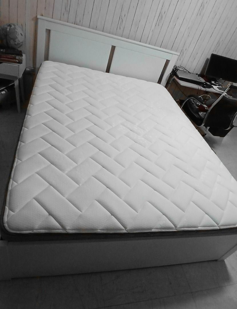 IKEA bed frame and FS Sleep Mattress Queen Size (Category: Bed Frames & Mattresses) located in Caloocan City. Submitted by kaydeecee (Listing ID 1434206589, Image 1). Description: Queen size bed with frame Frame : Ikea Mattress : FR Sleep Bought April 2024.