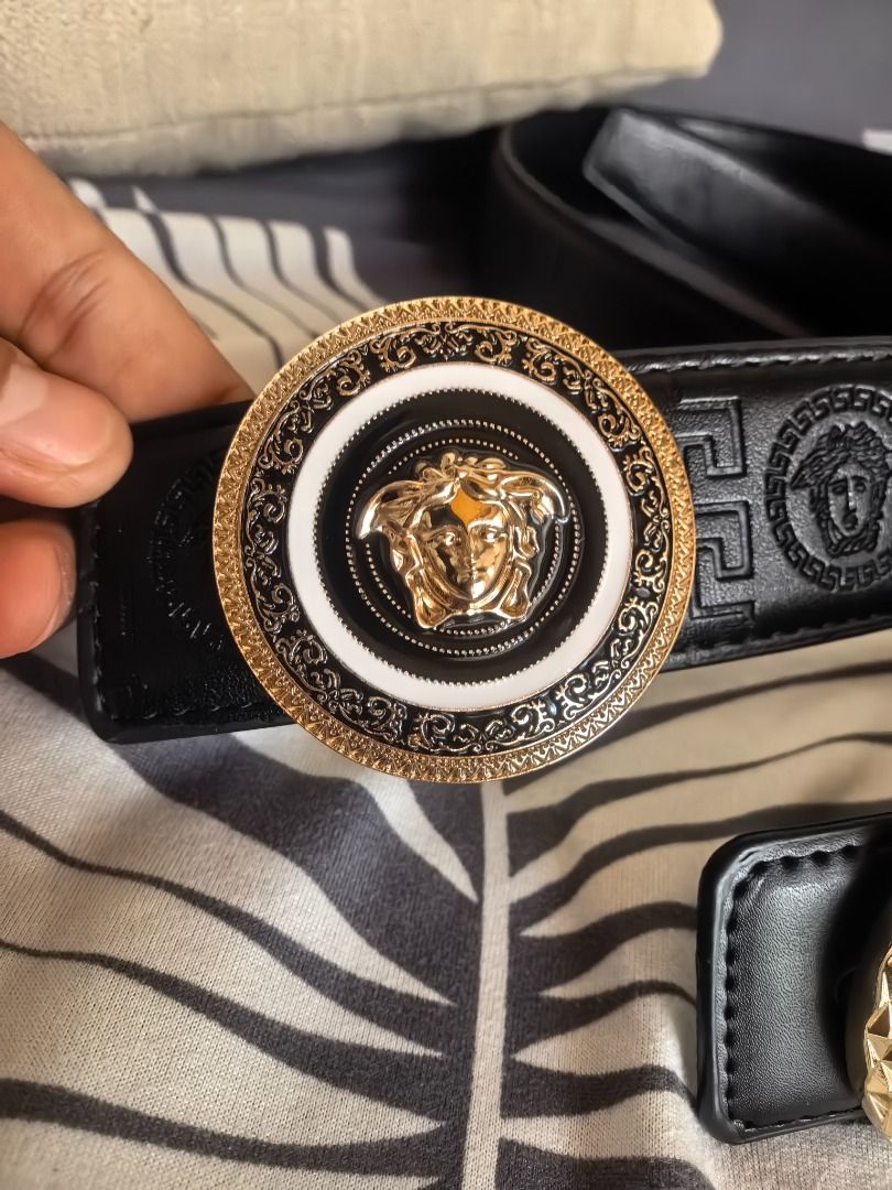 Japan Surplus Versace Medusa Belt (Category: Belts) located in Cebu City. Submitted by esrpreloved (Listing ID 1434265437, Image 3). Description: - Versace belt - Features iconic Medusa buckle - Available in black leather - Textured pattern - Buckles with gold and crystal accents.