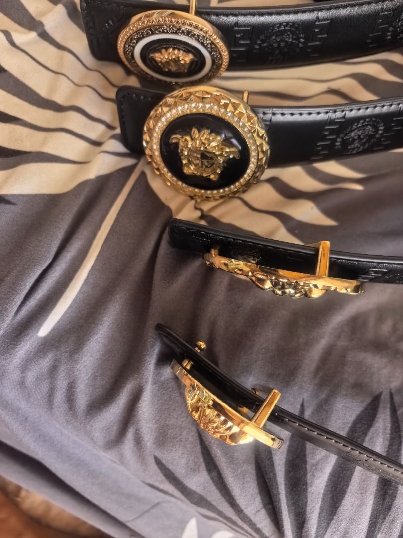 Japan Surplus Versace Medusa Belt (Category: Belts) located in Cebu City. Submitted by esrpreloved (Listing ID 1434265437, Image 2). Description: - Versace belt - Features iconic Medusa buckle - Available in black leather - Textured pattern - Buckles with gold and crystal accents.