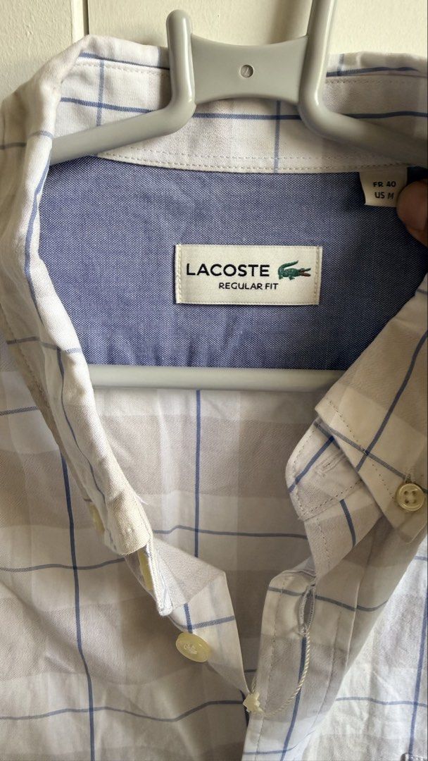 Lacoste Regular Fit Plaid Shirt (Category: Tshirts & Polo Shirts ) located in Valenzuela. Submitted by dees.corner (Listing ID 1434193230, Image 3). Description: -Brandnew - Lacoste Regular Fit short-sleeved shirt - Plaid pattern in beige and blue - Features a chest pocket with the Lacoste logo - Button-down closure and collar - Size: M (FR 40) -W18 L29.