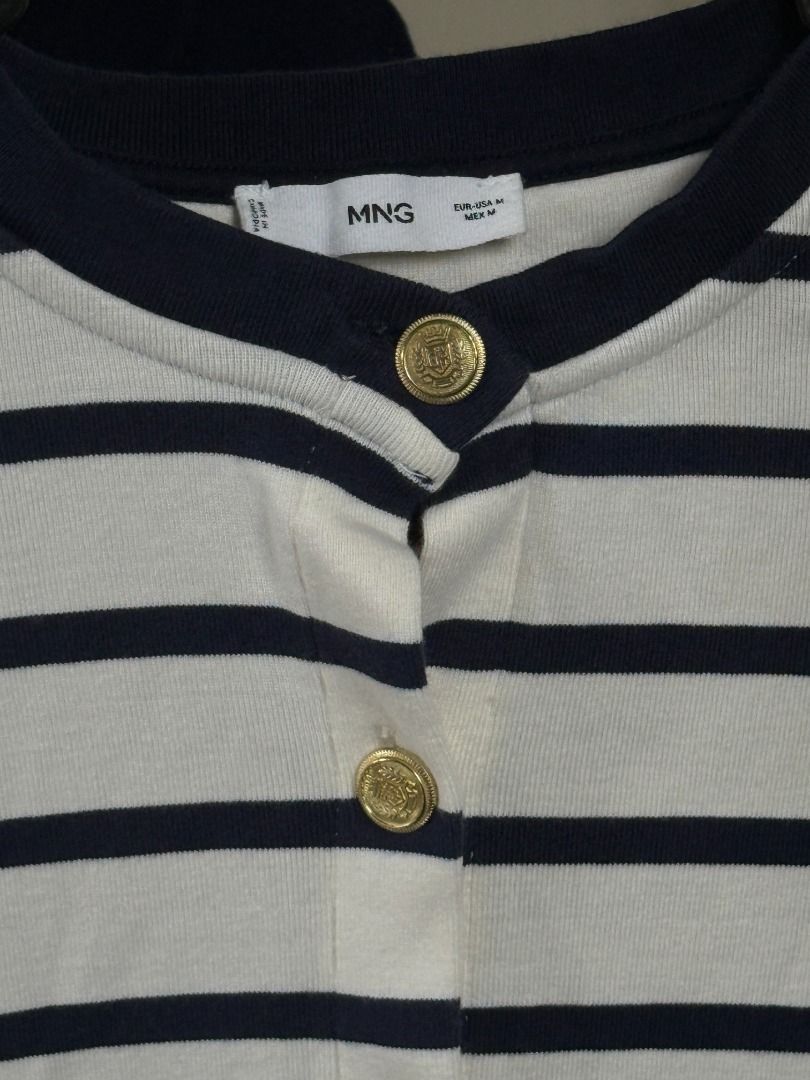 Mango Striped Cardigan with Gold Buttons (Category: Sleeveless) located in Baguio. Submitted by allysltc (Listing ID 1434246207, Image 3). Description: - Used for an event lang - Knitted fabric - Bought for 1,990 - Navy and cream color scheme - Size M - Round neckline - Gold button details.