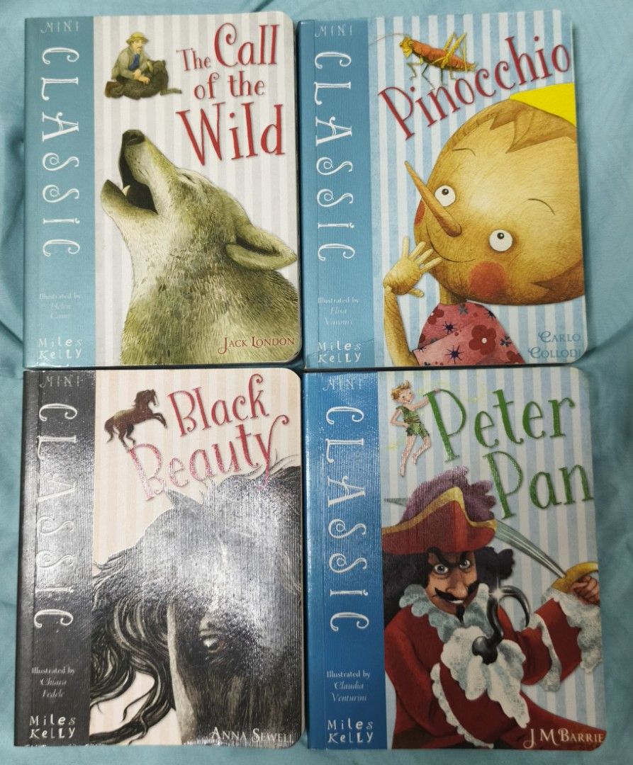 Mini Classics Book Set (Category: Storybooks) located in Batangas. Submitted by decluttering_bliss (Listing ID 1434302963, Image 1). Description: - Set of four Mini Classic books - Titles: "The Call of the Wild", "Pinocchio", "Black Beauty", and "Peter Pan" - Illustrated by Miles Kelly - Comes in a box.