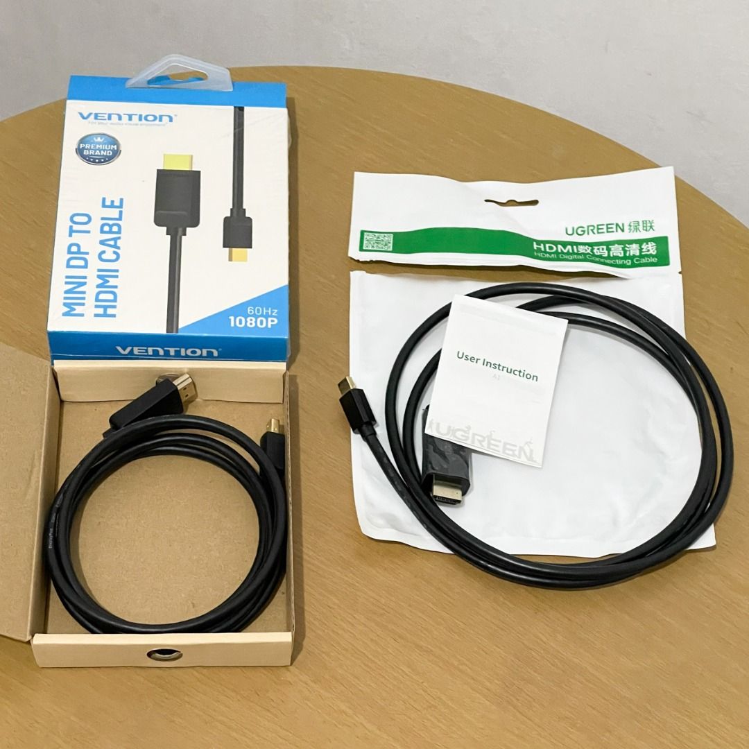 Mini DP to HDMI Cable x2 - Ugreen / Vention (Category: Cables & Adaptors) located in Dasmarinas. Submitted by iamjpbm (Listing ID 1434209667, Image 1). Description: P299 each P500 for 2 pcs 1. Ugreen Mini DP to HDMI Cable Specs: 1.5m / 4k resolution / Gold plated 2. Vention Mini DP to HDMI Cable Specs: 1.5m / 1080p/60Hz / Gold plated RFS: Declutter (Used once for an event only) Please check first if your device is compatible with these cables Loc