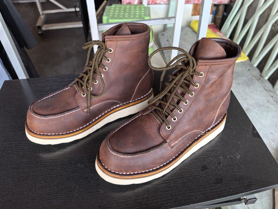 Moc toe Marikina made (Category: Boots) located in Makati City. Submitted by rubadubb (Listing ID 1434228652, Image 3). Description: For sale: Moc toe leather shoes Condition: Good as new. Size: US 9 / 27cm RFS: Wrong size / too big for me Details: Clean stitching, solid build, no major flaws Meetup/Shipping tru lalamove.
