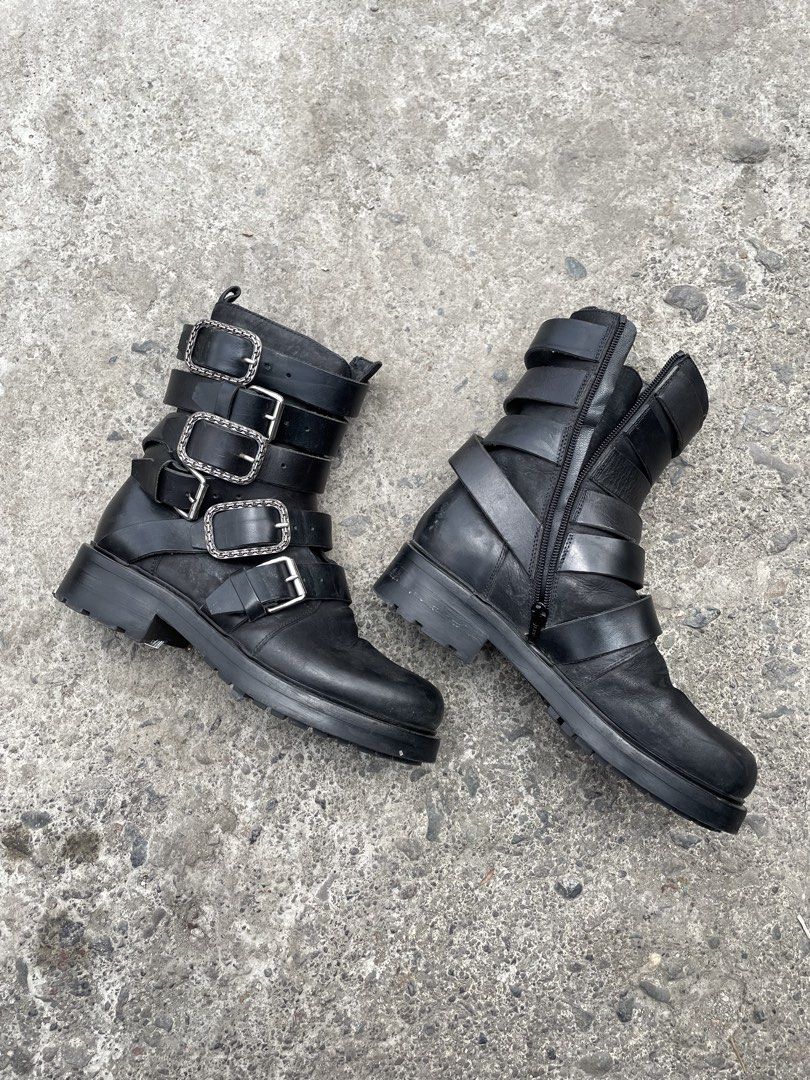 motorcycle-style ankle boots with silver-toned buckles (Category: Boots) located in Baguio. Submitted by chronicles_cache (Listing ID 1434226606, Image 3). Description: Mid-calf height, bold silhouette that makes a serious statement Condition: Vintage wear with great character—leather is soft and broken-in, no major damage Just some minor molds on the leather but still manageable; buckles are fully functional and hardware is intact. Vibe: Ultimat