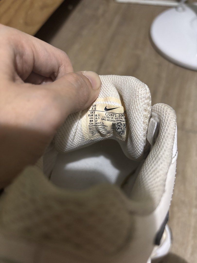 Nike Air Max Sneakers CJ1671-100 (Category: Sneakers) located in Marikina City. Submitted by patlc (Listing ID 1434331084, Image 3). Description: Nike Air Max sneakers - US size 7.5, UK 5, EUR 38.5, CM 24.5 - Black swoosh detail - Style code: "CJ1671-100" - Some yellowing on the soles, as seen on the pictures.