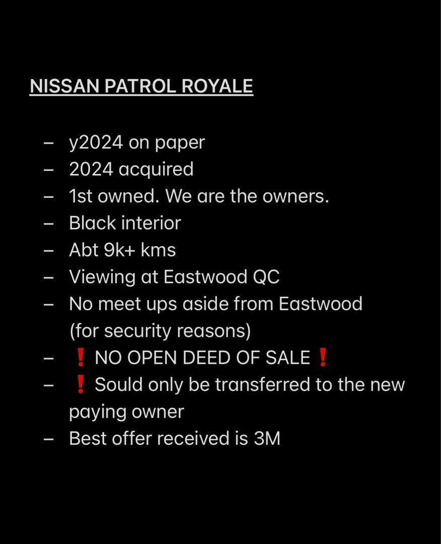 Nissan Patrol Royale LE Auto (Category: Used Cars) located in Cainta. Submitted by closet83 (Listing ID 1423115701, Image 2). Description: - see photos for product description— ❗️NO to agents asking for high comms ❗️ Highest offer is 3.0M .