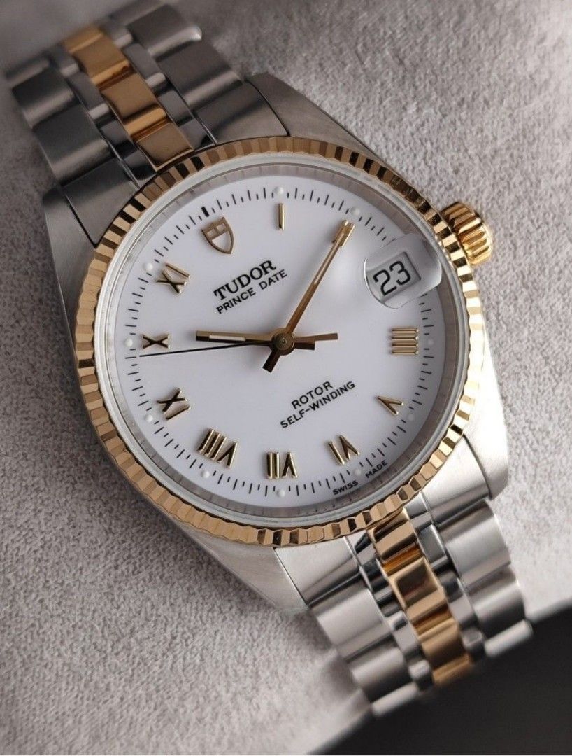 Original Tudor Prince Date 32mm (Category: Luxury Watches) located in San Juan City. Submitted by exclusivelyours (Listing ID 1434339668, Image 1). Description: White porcelain dial Two tone solid gold inner links and bezel Ref 72033 (mid-size) 9/10 condition Inclusions: watch, original bracelet fit to approx 7.25" wrist and watch case *photo reference on 6.5" wrist.