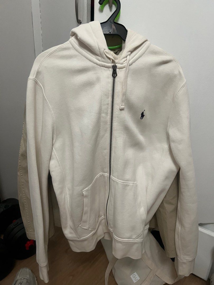 Ralph Lauren RL Zip Hoodie (Category: Hoodies) located in Las Pinas. Submitted by ffinds (Listing ID 1434335320, Image 1). Description: RL Zipped Hoodie White Well used / still good color Size: Medium frame Shipping via jnt/lalamove Las pinas/Alabang loc.