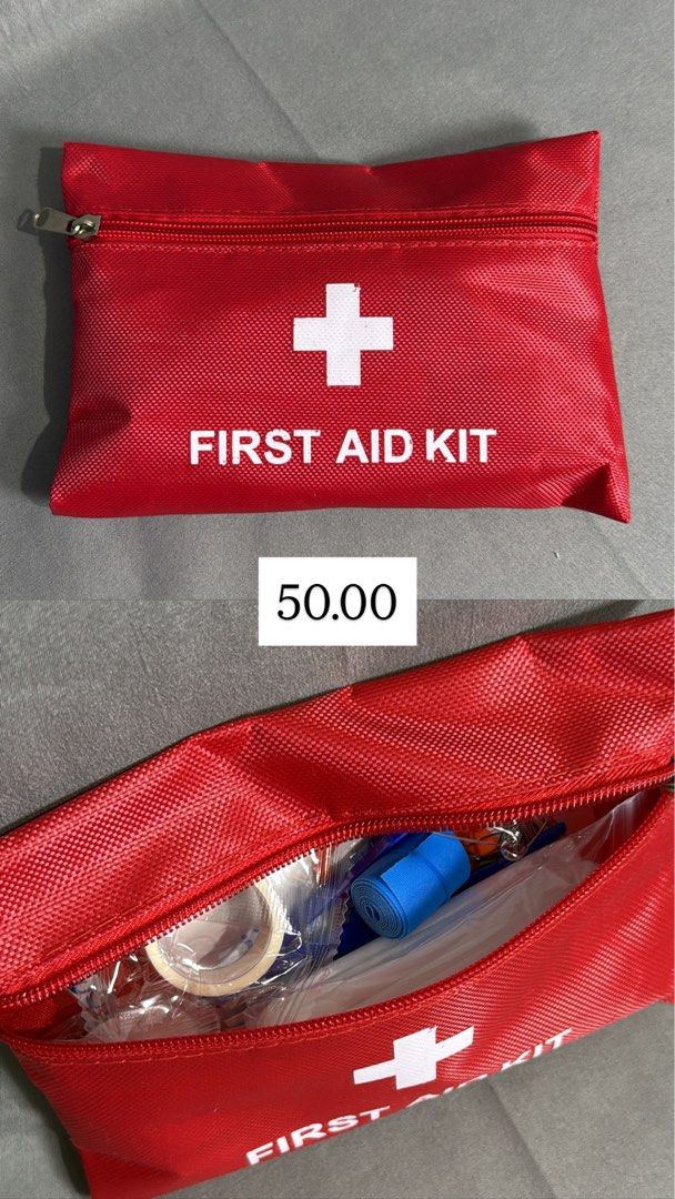 Red First Aid Kit (Category: Medical Supplies & Tools) located in Makati City. Submitted by awesome.yan (Listing ID 1434312031, Image 1). Description: - Compact red first aid kit - Features a white cross and "FIRST AID KIT" label - Contains medical essentials like tape and bandages - Perfect for travel and home use - Price: ₱50.00.