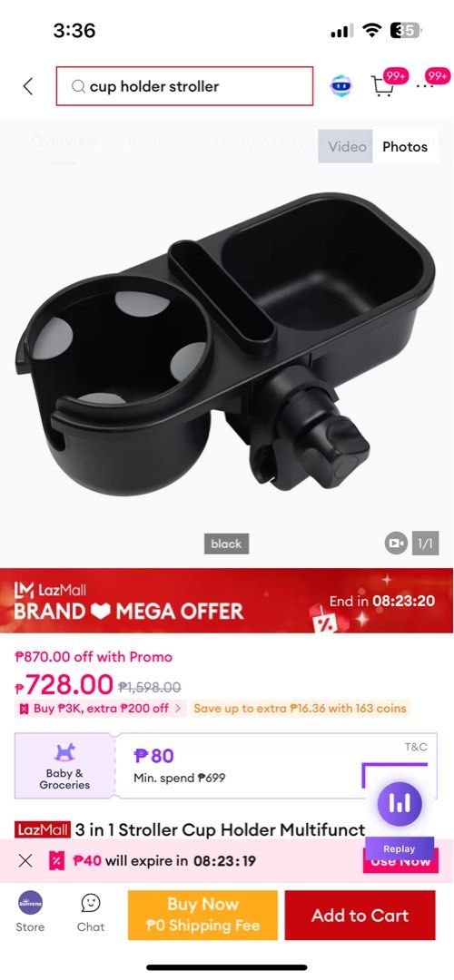 Sunvenp 3-in-1 Universal Stroller Cup Holder (Category: Strollers) located in Manila. Submitted by khaeeeeee (Listing ID 1434254981, Image 1). Description: - 3-in-1 Stroller Organizer: Holds drinks, phone, and small items. - Features: - Cup holder - Small compartment - Larger tray - Color: Black - Universal clamp: Easy to attach to most stroller handles. - Practical accessory for parents..