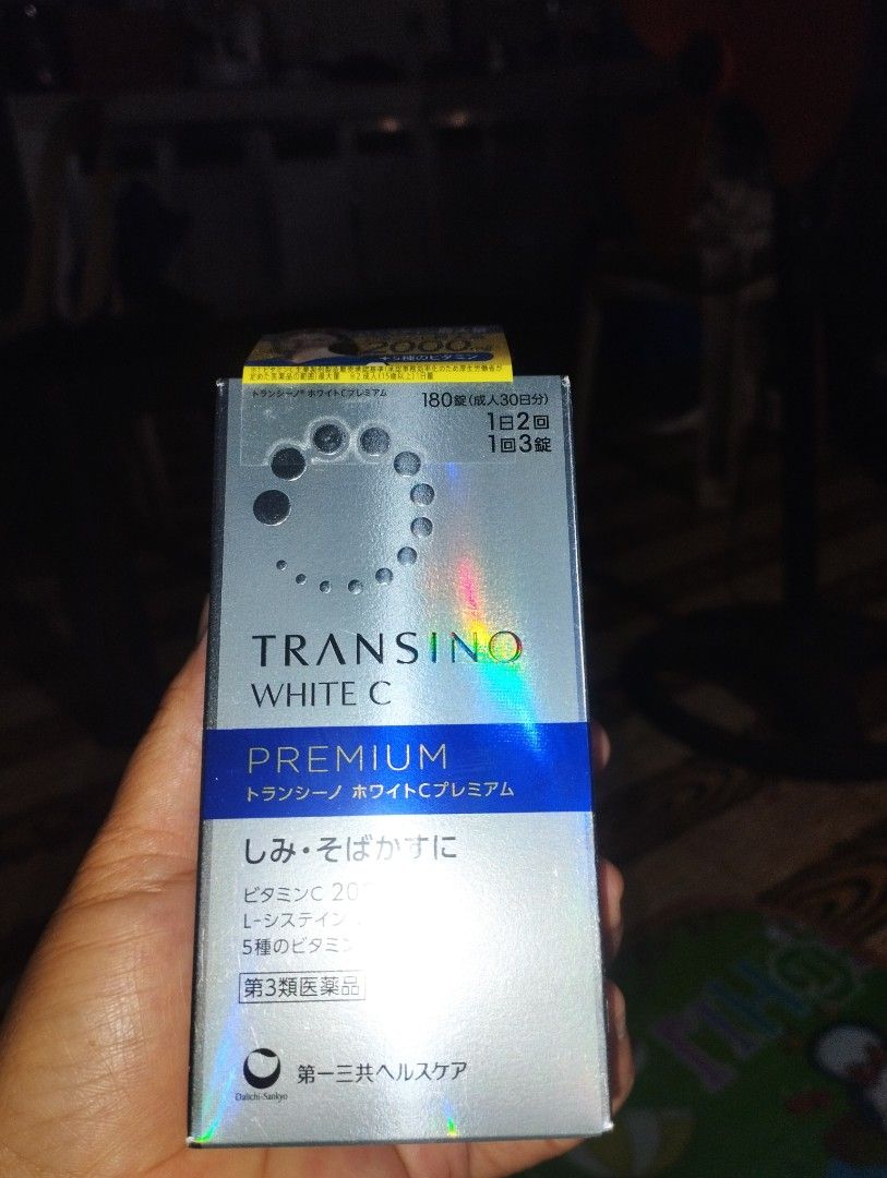 Transino White C Premium (Category: Health Food, Drinks & Tonics) located in Nagcarlan. Submitted by irishcasta73122 (Listing ID 1434210264, Image 2). Description: original from Japan - Transino White C Premium: For clearer skin and reduced blemishes. - Key Ingredients: Vitamin C (2000mg), L-cysteine (240mg), and 5 types of vitamins. - Contents: 180 tablets per box. - Dosage: - First 2 days: 2 tablets twice a day. - Thereafter: 1 tablet three tim