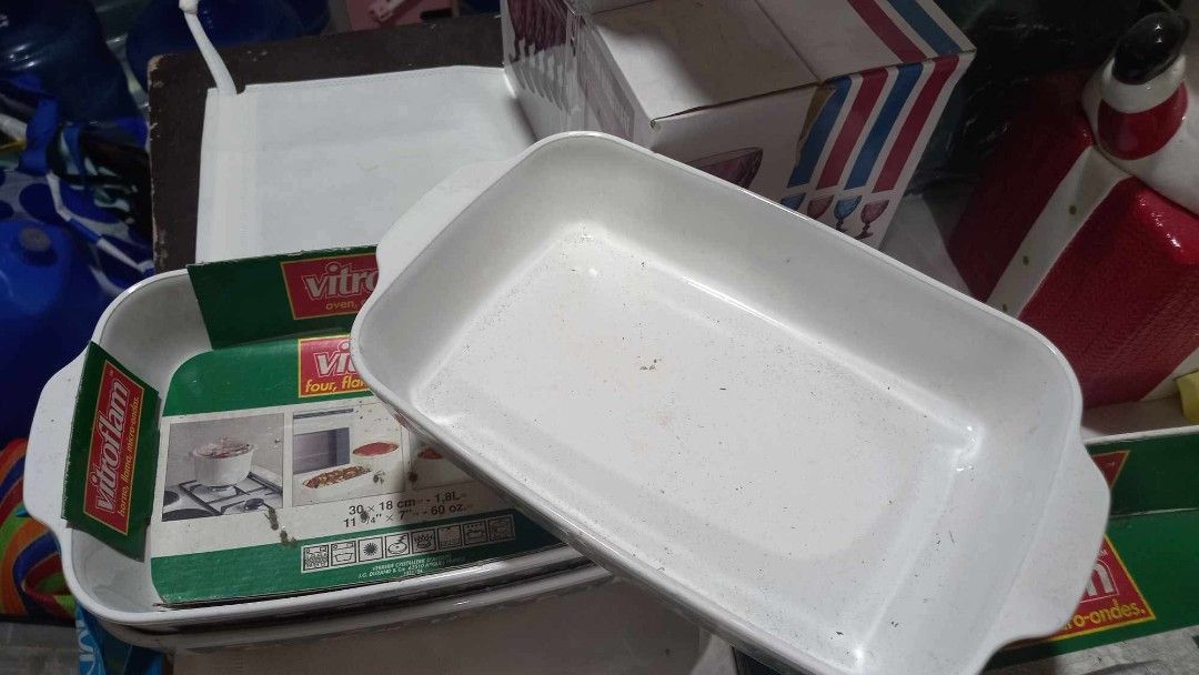 Vitroflam Oven-Safe Baking Dish (Category: Bakeware) located in Cavite. Submitted by geturs (Listing ID 1434258483, Image 3). Description: - Vitroflam baking dish - Oven, gas, and microwave safe - Dimensions: 36 x 22 cm (13 3/4 x 8 3/4 inches) - Capacity: 2.8L (94 oz) - Color: White - Shape: Rectangular with handles - Brand new NOTE: open for take all 3pcs 1.8liters and 2pcs 2.8liters .
