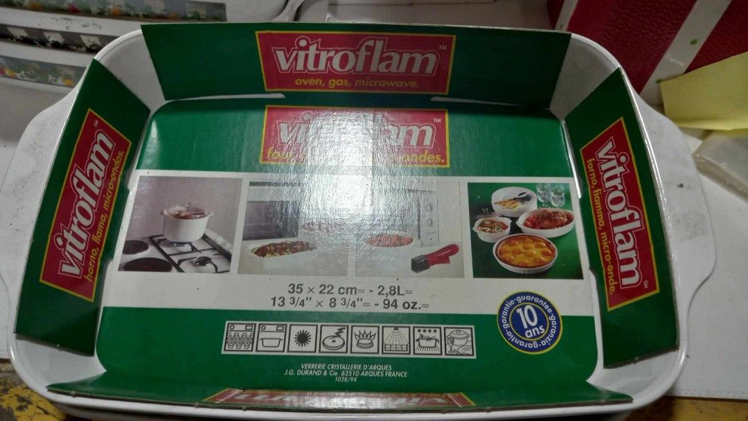 Vitroflam Oven-Safe Baking Dish (Category: Bakeware) located in Cavite. Submitted by geturs (Listing ID 1434258483, Image 2). Description: - Vitroflam baking dish - Oven, gas, and microwave safe - Dimensions: 36 x 22 cm (13 3/4 x 8 3/4 inches) - Capacity: 2.8L (94 oz) - Color: White - Shape: Rectangular with handles - Brand new NOTE: open for take all 3pcs 1.8liters and 2pcs 2.8liters .