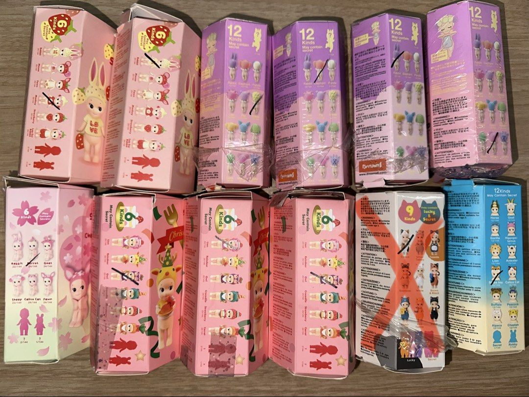 [WTS] Sonny Angels - Strawberry Love, Dreaming Hippers, Cat Life, Animals, Christmas, Cherry Blossom (Category: Designer & Blind Box Toys) located in Singapore. Submitted by fallenpixie (Listing ID 1431152989, Image 1). Description: some are unsealed but kept in foil, never displayed, all for $16 ea except: strawberry love - $20 pair w christmas/animal series to get at $16 ea dreaming rabbit pwp christmas series .