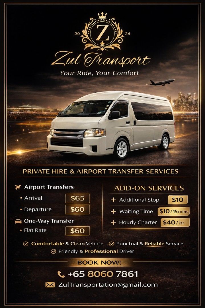 13-Seater Mini Bus with Driver for rent (Category: Valet & Limousine) located in Singapore. Submitted by zultransportation (Listing ID 1434526470, Image 1). Description: ZUL TRANSPORT Reliable • Comfortable • Affordable 🚗 PRIVATE HIRE & AIRPORT TRANSFER SERVICES ✈️ Airport Transfers • Arrival – $65 • Departure – $60 🚘 One-Way Transfer • Flat Rate – $60 ➕ ADD-ON SERVICES • Additional Stop – $10 • Waiting Time – $10 / 15 mins • Hourly Charter – $