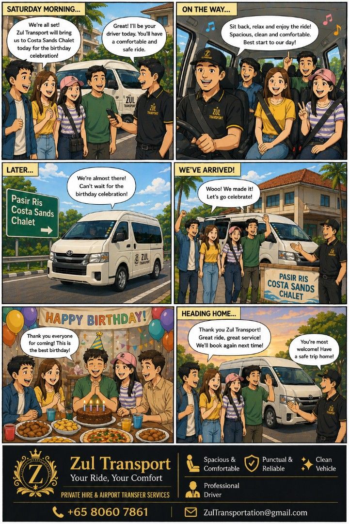 13-Seater Mini Bus with Driver for rent (Category: Valet & Limousine) located in Singapore. Submitted by zultransportation (Listing ID 1434526470, Image 2). Description: ZUL TRANSPORT Reliable • Comfortable • Affordable 🚗 PRIVATE HIRE & AIRPORT TRANSFER SERVICES ✈️ Airport Transfers • Arrival – $65 • Departure – $60 🚘 One-Way Transfer • Flat Rate – $60 ➕ ADD-ON SERVICES • Additional Stop – $10 • Waiting Time – $10 / 15 mins • Hourly Charter – $