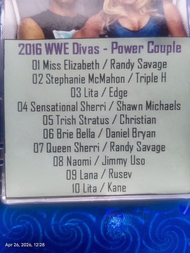 2016 WWE Divas Power Couple Trading Cards (Category: Raw Singles) located in Caloocan City. Submitted by td21collector (Listing ID 1434424548, Image 2). Description: - 2016 WWE Divas Power Couple Trading Card Set - Includes cards of popular WWE couples: - Miss Elizabeth & Randy Savage - Stephanie McMahon & Triple H - Lita & Edge - Sensational Sherri & Shawn Michaels - Trish Stratus & Christian - Brie Bella & Daniel Bryan - Queen Sherri & Randy Sa