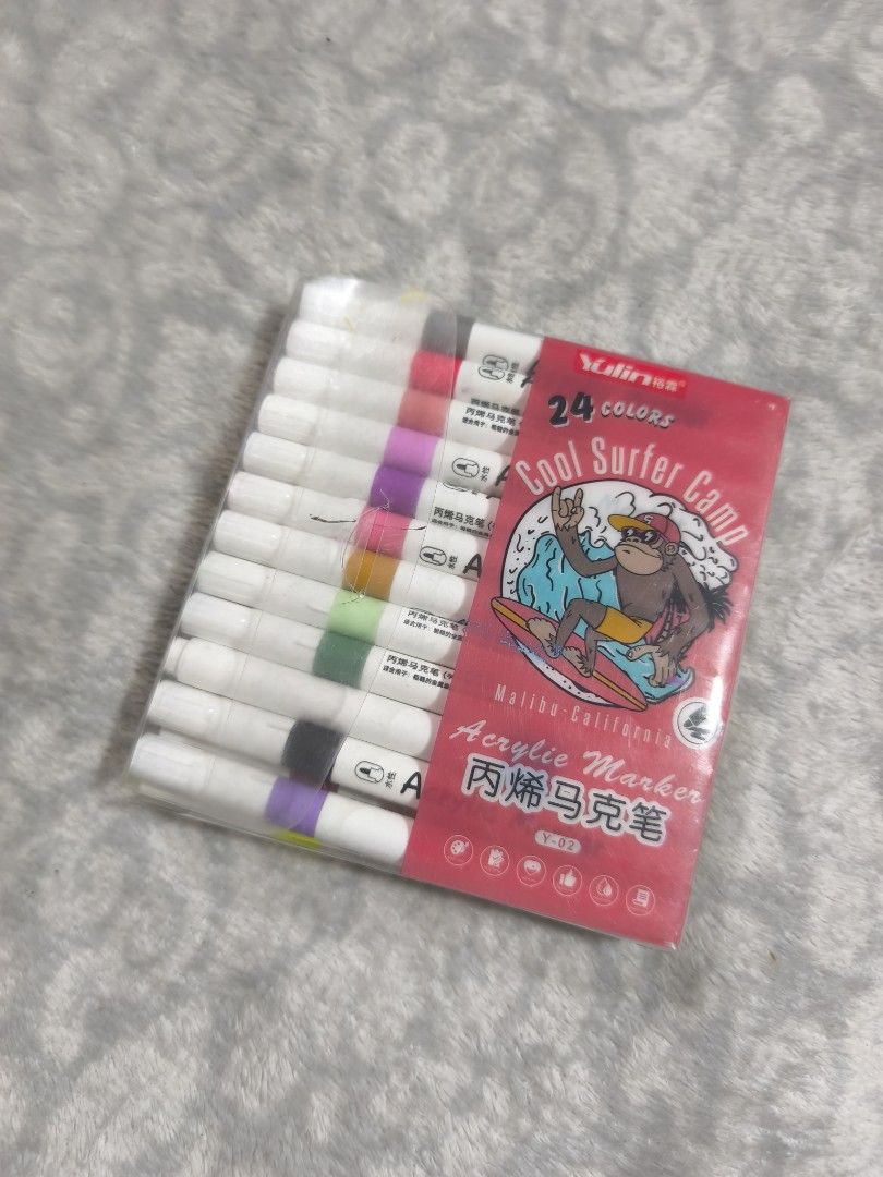 24 Colors Acrylic Markers (Category: Craft Supplies & Tools) located in Taguig. Submitted by juliestjuly (Listing ID 1434542129, Image 1). Description: - Malibu-California Acrylic Markers Set - 24 vibrant colors - Ideal for various art projects - Features 'Cool Surfer Camp' packaging - Brand new and ready to use.