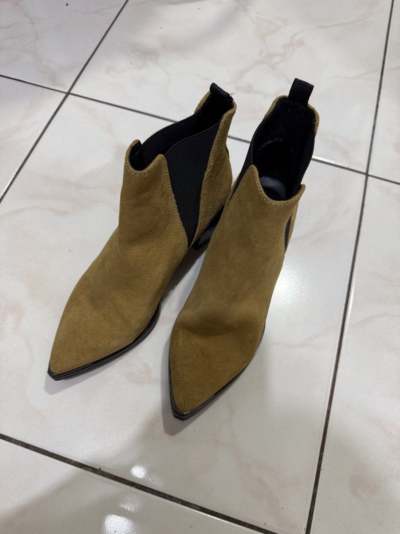 Acne Studios Pointed Toe Suede Ankle Boots (Category: Boots) located in Makati City. Submitted by bibas.corner (Listing ID 1434554016, Image 3). Description: - Acne Studios ankle boots - Tan suede - Size 37 - Made in Italy - Pointed toe with metal detailing - Elastic side panels - Block heel - Leather upper - Man-made sole.