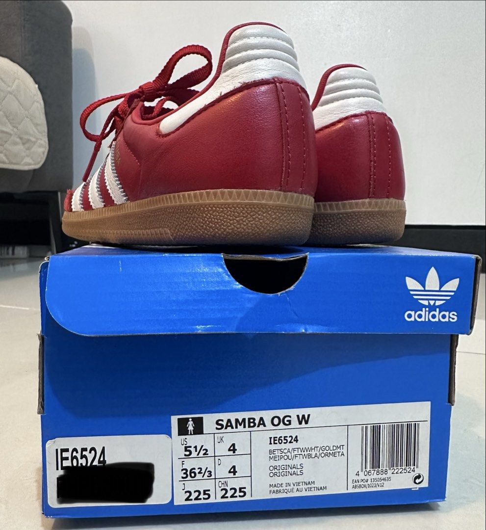 Adidas Samba OG W Red Sneakers (Category: Sneakers) located in Quezon City. Submitted by letayuuu (Listing ID 1434528506, Image 2). Description: - Adidas Samba OG W sneakers - Color: Red with white stripes - Size: US 5.5 / UK 4 / FR 36 2/3 / JP 225 - Features: Gum sole, red laces - Includes original box.