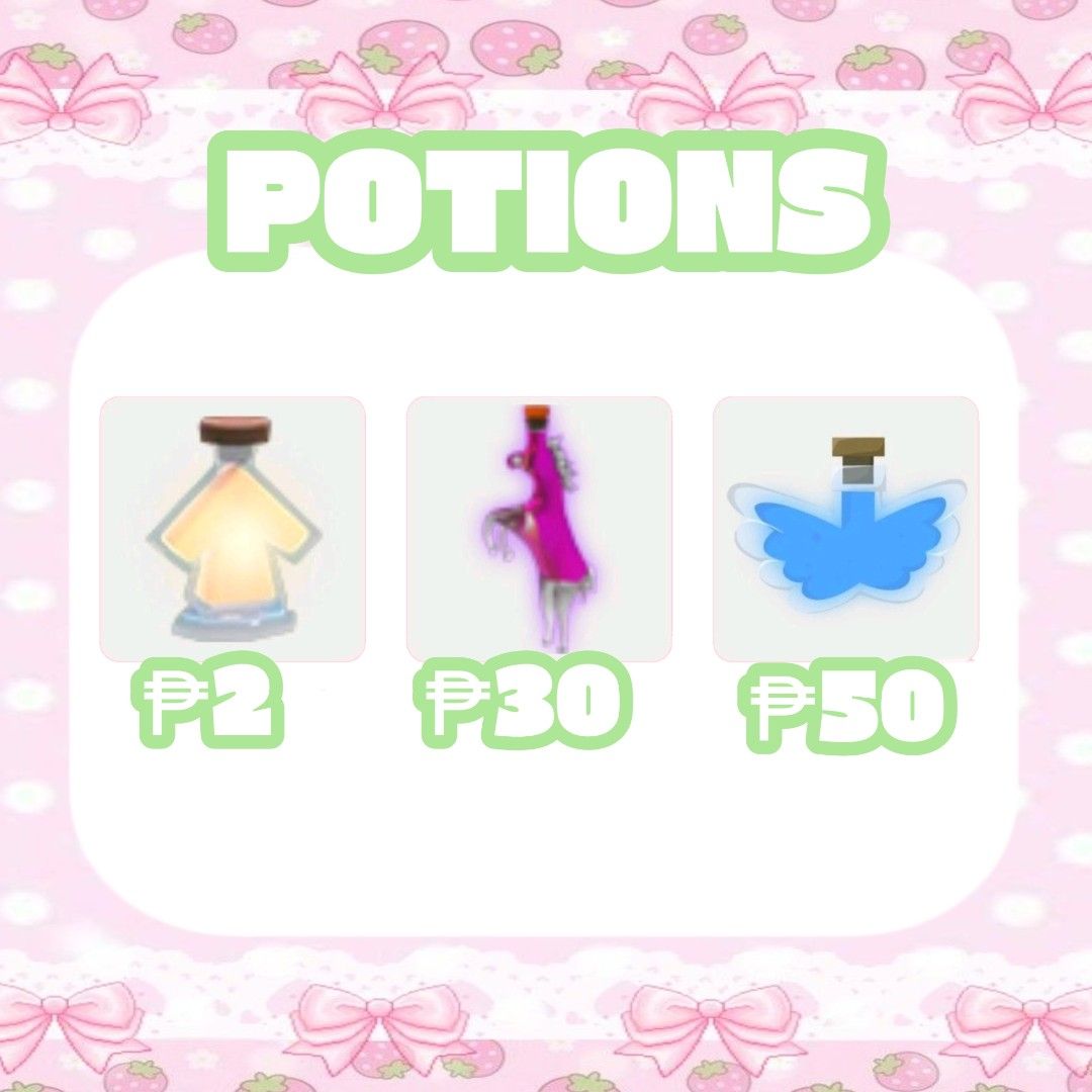Adopt Me|Potions|Ride Potion|Fly Potion|Age Up Potion (Category: In-Game Products) located in Manila. Submitted by frosty_deals (Listing ID 1434448375, Image 1). Description: CHEAP ADOPT ME POTIONS!! AVAIL YOURS NOW!.