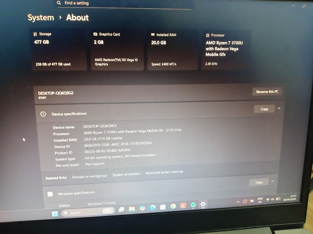 AMD Ryzen 7 3700U (i5 10th gen equivalent) lenovo 20gb ram Laptop (Category: Laptops & Notebooks) located in Calasiao. Submitted by einzz14896420 (Listing ID 1434538576, Image 1). Description: - AMD Ryzen 7 3700U Processor - 20GB RAM - 477GB nvme Storage - Radeon Vega Mobile Gfx - Windows 11 Home - Device Name: DESKTOP-OQ8KG2.